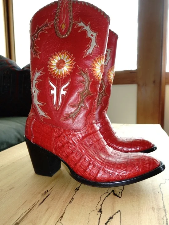 Frye Jennifer Estes Crocodile Western Boots Women 8B Red Exotic Cowboy Boot - Picture 2 of 14